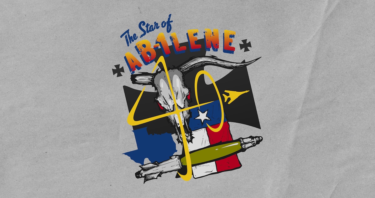 A longhorn skull sits above a vertical Texas flag and beside a silhouette of the state, referencing elements found in past B-1 nose art. Below the design is a Joint Direct Attack Munition bomb, representative of the B-1’s payload. “The Star of Abilene” appears above, referencing the first B-1 delivered to Dyess AFB. The red, white, blue, grey, and yellow color palette reflects the Texas flag, the aircraft’s metal, and the 7th Bomb Wing crest. Three black crosses in the background symbolize the 7th BW.