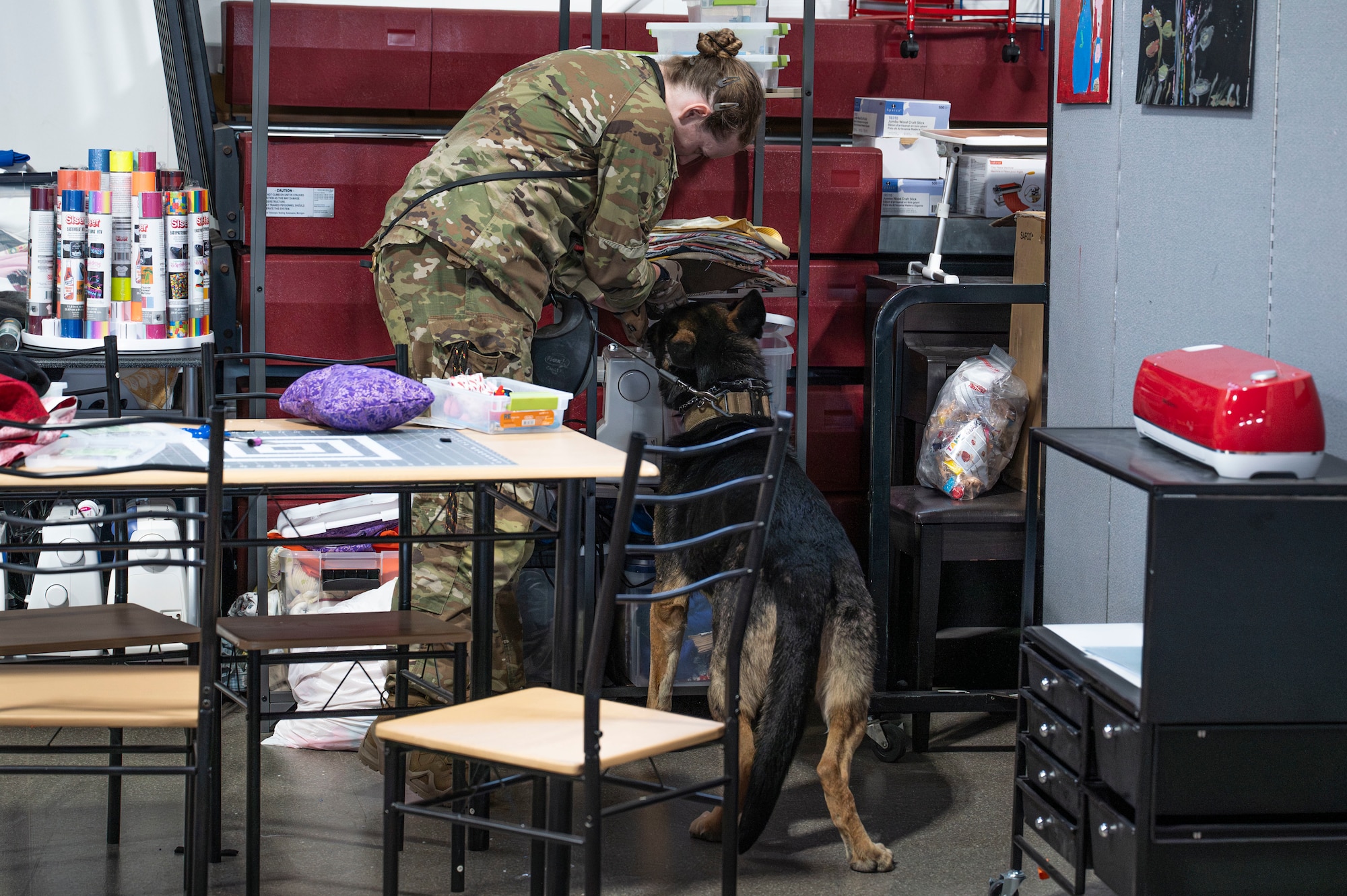 A 319th Reconnaissance Wing military working dog team conducts a substance detection exercise as part of the inaugural Police Week Top Dog of the Tundra Competition at Grand Forks Air Force Base, N.D., May 13, 2025.