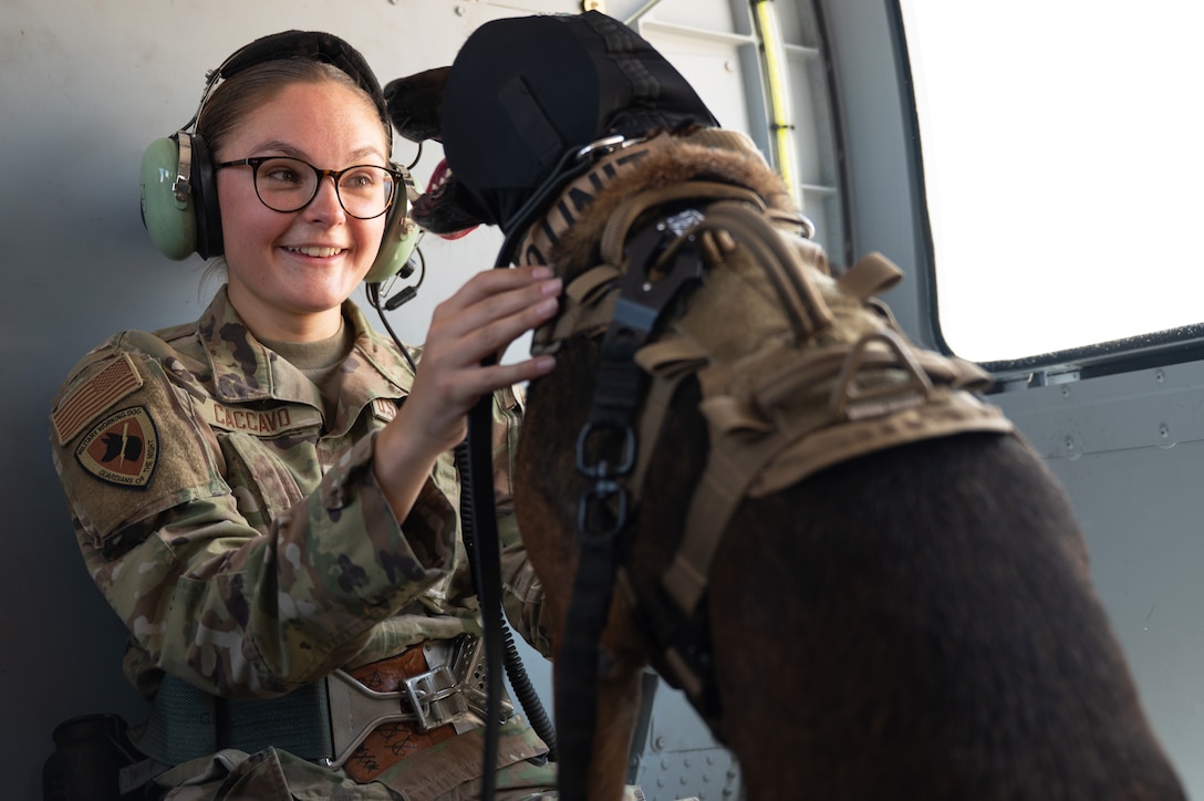 A seated airman pets a dark-colored dog strapped to the inside of a helicopter.