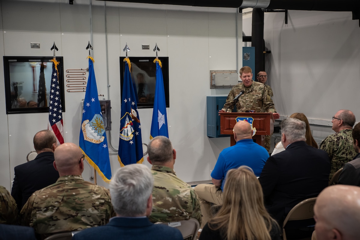 Brig. Gen. Robert K. Bogart, 711th Human Performance Wing commander, speaks prior to a ribbon-cutting ceremony for the new Research Environmental Chamber at Wright Patterson Air Force Base, Ohio, May 27, 2025. This state-of-the-art facility, part of the Air Force Research Laboratory’s Human Effectiveness Directorate, facilitates equipment and human performance evaluations with control over environmental extremes. (U.S. Air Force photo / Richard Eldridge)