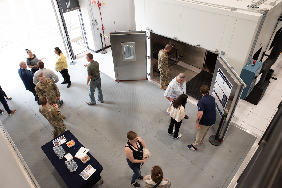 Scientists and engineers examine the new Research Environmental Chamber, part of the Air Force Research Laboratory’s Human Effectiveness Directorate, at Wright Patterson Air Force Base, Ohio, May 16, 2025. This state-of-the-art facility, which facilitates equipment and human performance evaluations by simulating environmental extremes, hosted a ribbon-cutting ceremony, May 27, 2025. (U.S. Air Force photo / Richard Eldridge)