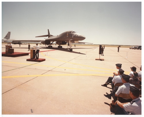 A photo a B-1B Lancer aircraft on arrival to Dyess Air Force Base, Texas.