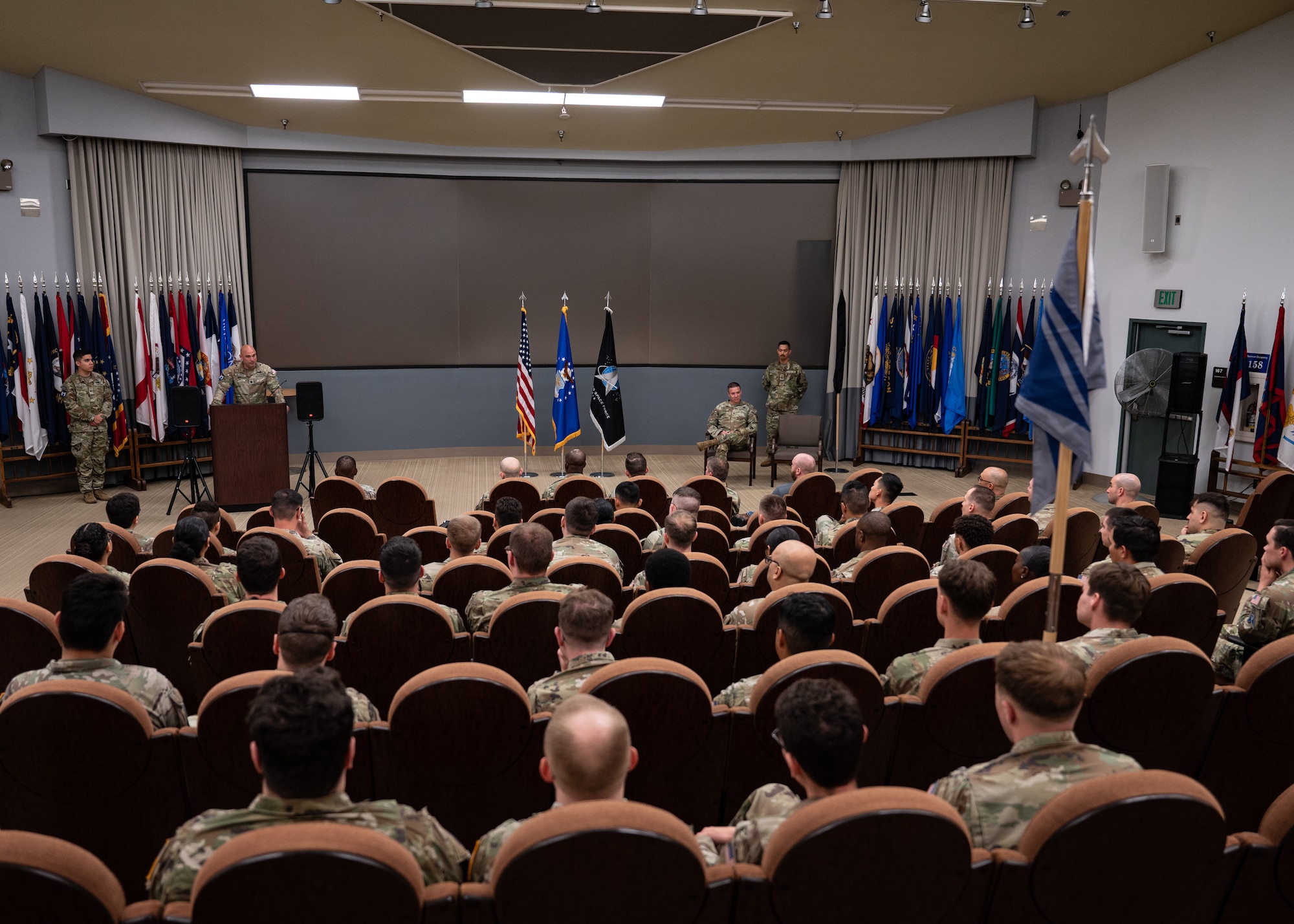 U.S. Space Force Lt. Col. Jacob Majewski, outgoing 65th Cyberspace Squadron commander, addresses attendees of the 65 CYS inactivation ceremony at Vandenberg Space Force Base, Calif., June 5, 2025. Majewski relinquished command of the 65th Cyberspace Squadron, signifying the inactivation of the unit and the activation of Space Delta 6 detachments 3 and 4.