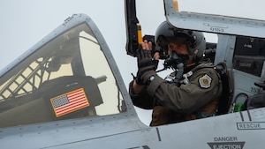 U.S. Air Force Col. William McKibban, 51st Fighter Wing commander, prepares to disembark an A-10 Thunderbolt II as he concludes his fini flight for the aircraft at Osan Air Base, Republic of Korea, June 2, 2025.
