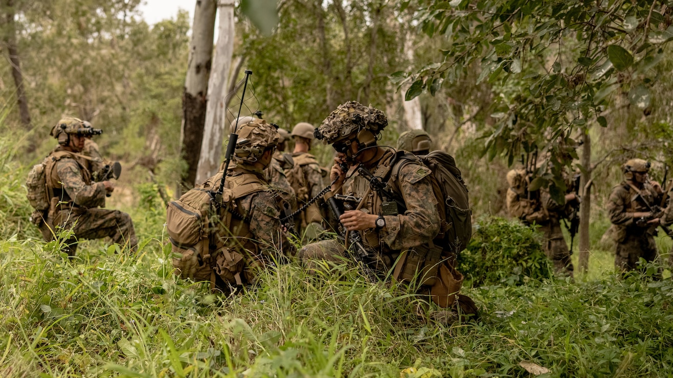 U.S. Marines with 2nd Battalion, 1st Marine Regiment, Marine Rotational Force – Darwin 25.3, conduct communications checks during Exercise Southern Jackaroo at Townsville Field Training Area, Queensland, Australia, May 30, 2025.
