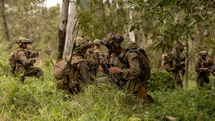 U.S. Marines with 2nd Battalion, 1st Marine Regiment, Marine Rotational Force – Darwin 25.3, conduct communications checks during Exercise Southern Jackaroo at Townsville Field Training Area, Queensland, Australia, May 30, 2025.