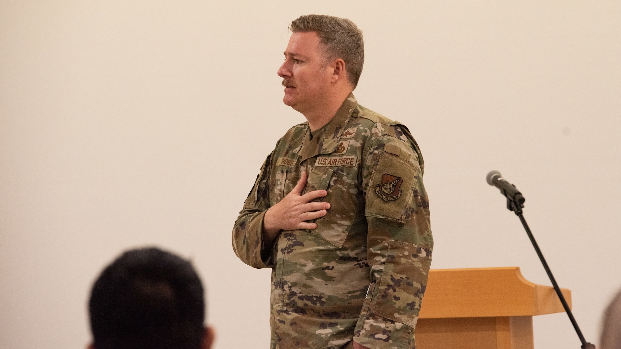 Chief Master Sgt. Jeremiah Ross, command chief of 7th Air Force, shares with audience members his experience struggling with mental health as a senior leader for MINDFUL MADNESS at Osan Air Base, Republic of Korea, May 30, 2025.