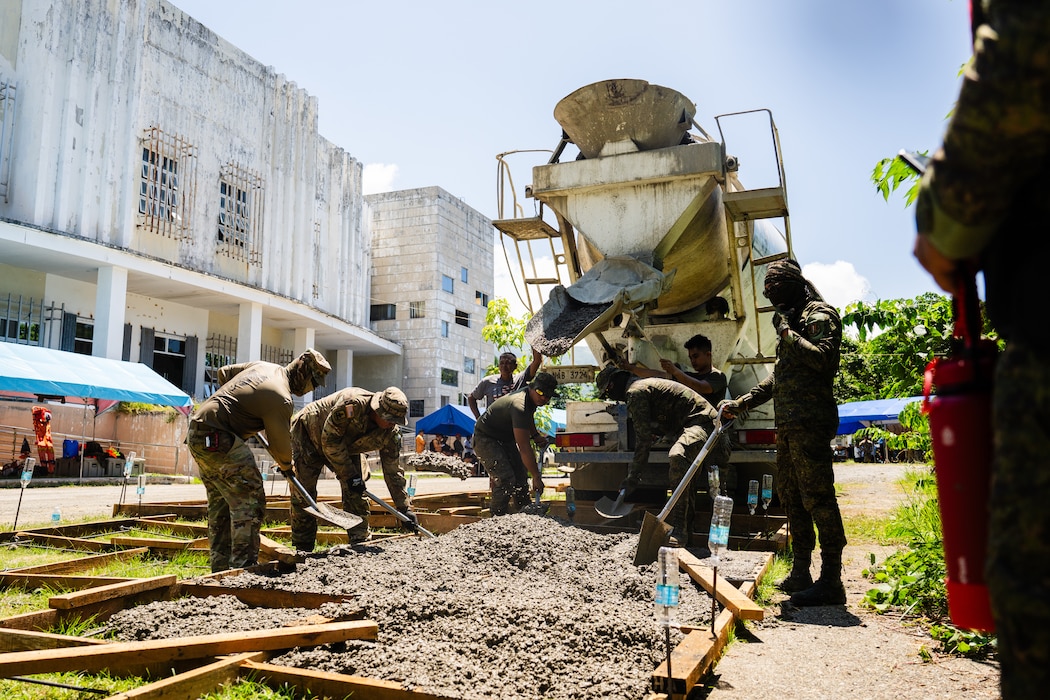 Hawaii National Guardsmen and personnel from the Armed Forces of the Philippines construct a platform used to conduct urban rescue training with local emergency responders and civilian authorities in Virac, Philippines, June 2, 2025.