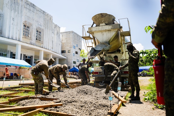 Hawaii National Guardsmen and personnel from the Armed Forces of the Philippines construct a platform used to conduct urban rescue training with local emergency responders and civilian authorities in Virac, Philippines, June 2, 2025.