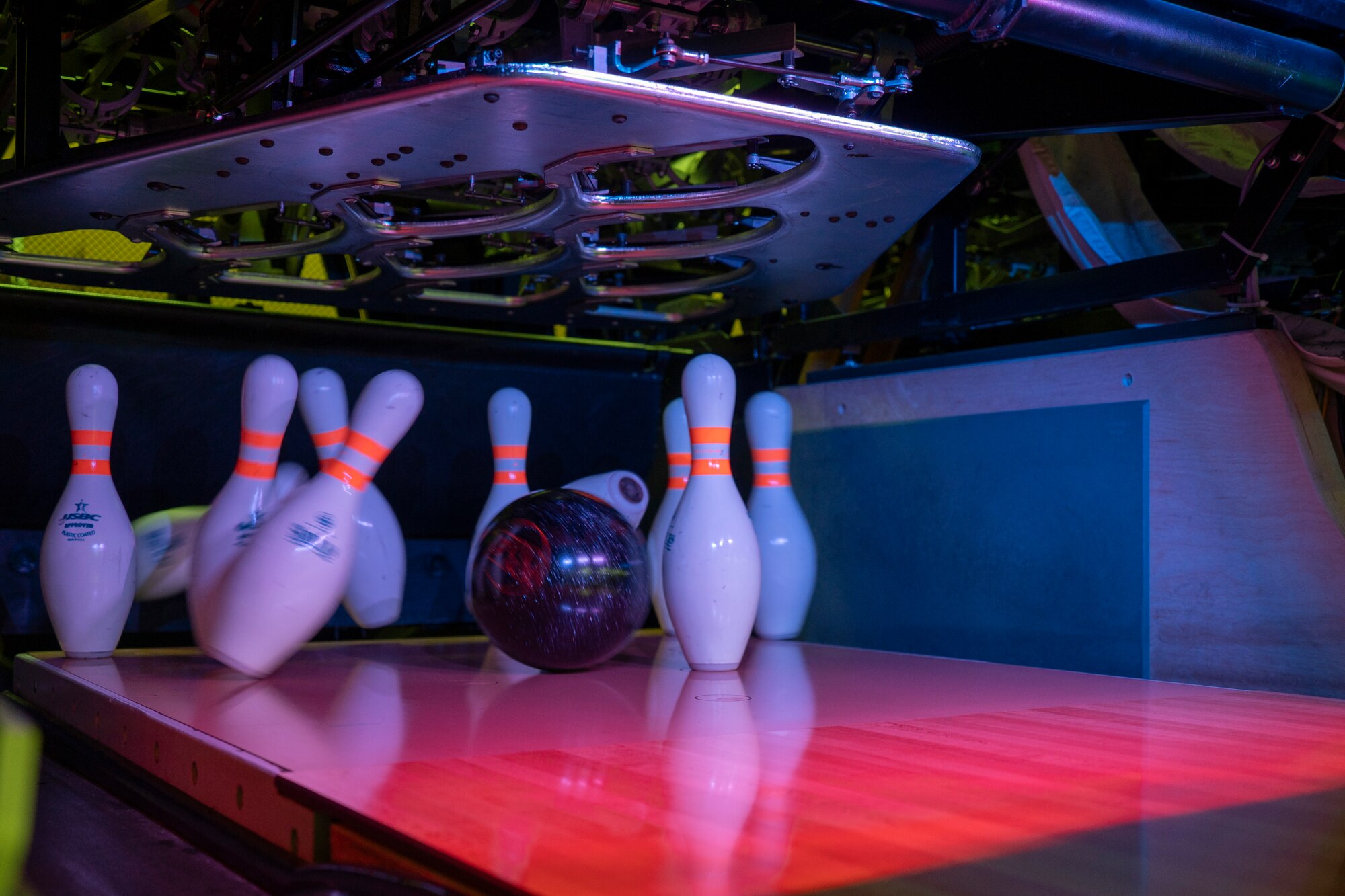 A bowling ball strikes bowling pins during Sakura Olympics 2025 bowling competition at Misawa Air Base, Japan, May 30, 2025.