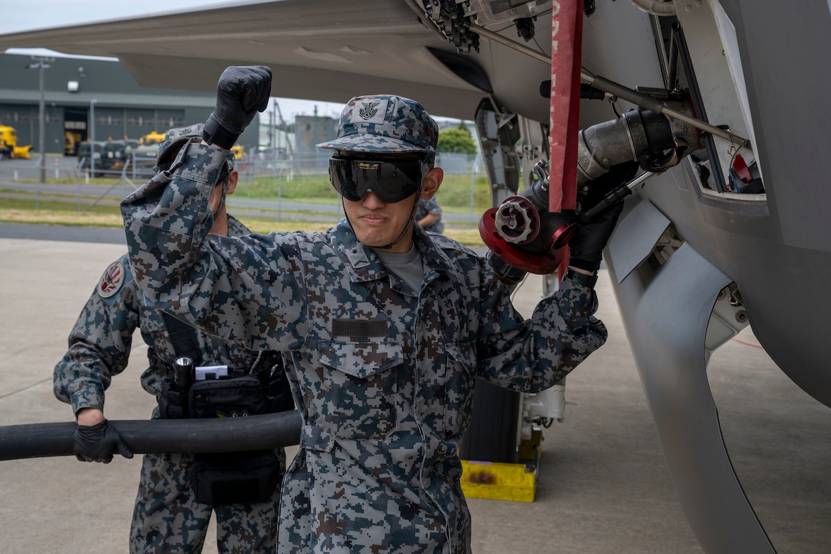 apan Air Self-Defense Force (JASDF) members assigned to the 3rd Air Wing refuel a JASDF Lightning II during a refueling interoperability demonstration at Misawa Air Base, Japan, May 30, 2025.