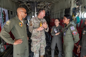 U.S. Air Force airmen assigned with the 129th Rescue Wing, California Air National Guard, and Philippine Air Force airmen conduct a static tour of the HC-130J during Exercise Balikatan '25, Cebu City, Philippines, Apr. 29, 2025.