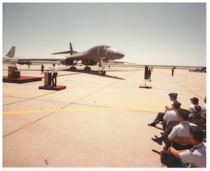 A photo a B-1B Lancer aircraft on arrival to Dyess Air Force Base, Texas.