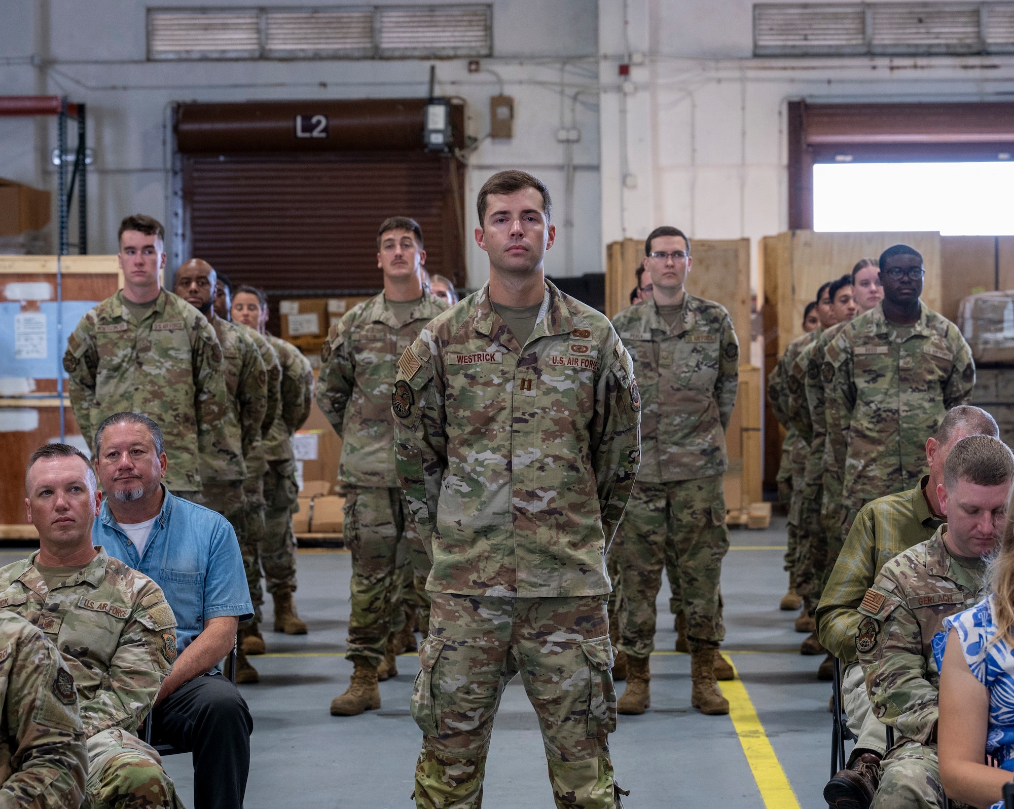 Capt. Nicholas Westrick, 734th AMS Maintenance director of operations, leads a flight of Airmen during a change of command ceremony at Andersen Air Force Base, Guam, June 4, 2025.