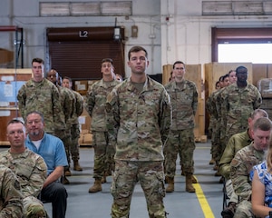 Capt. Nicholas Westrick, 734th AMS Maintenance director of operations, leads a flight of Airmen during a change of command ceremony at Andersen Air Force Base, Guam, June 4, 2025.