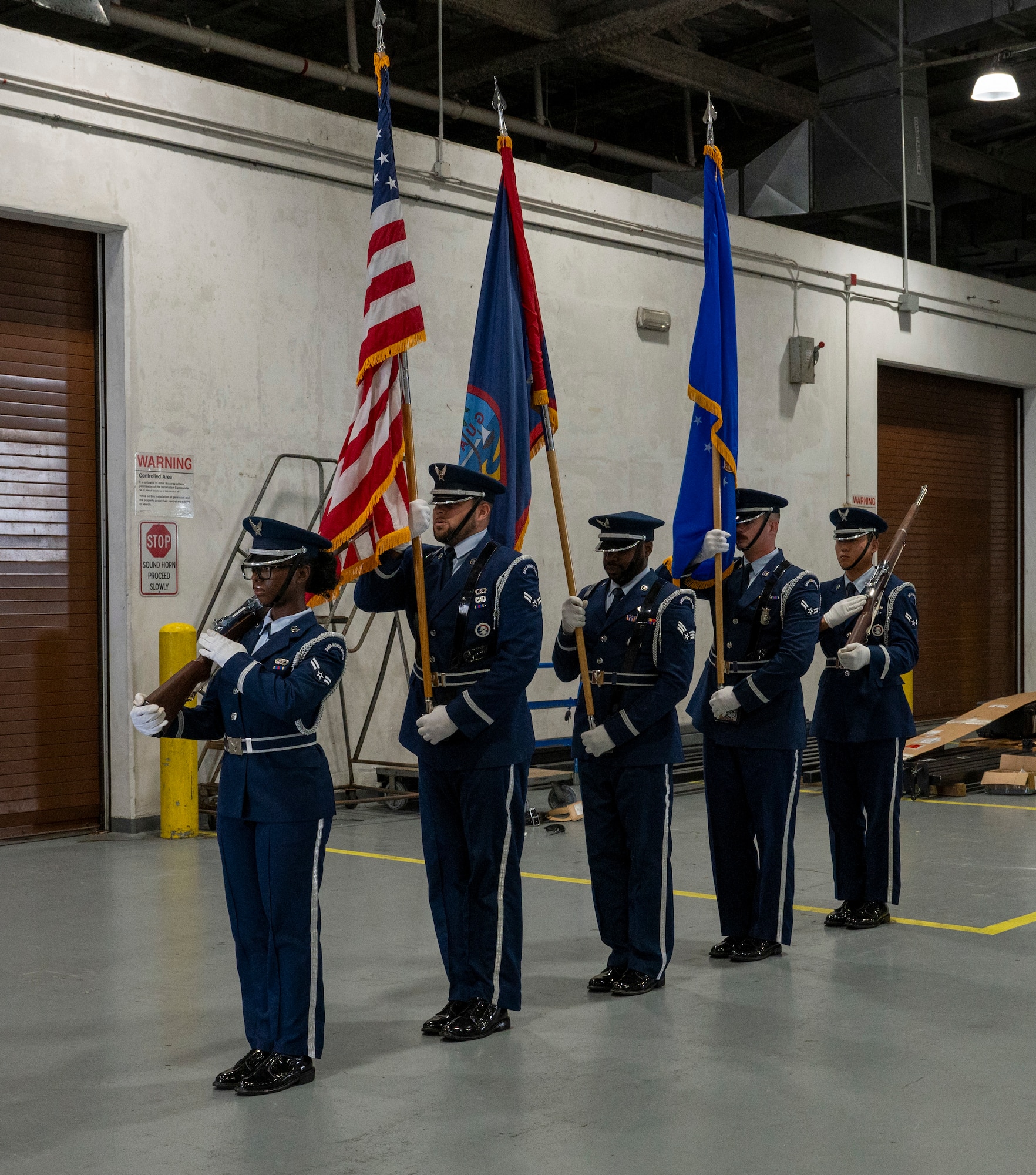 The 36th Wing Base Honor Guard prepares to present colors during a change of command ceremony at Andersen Air Force Base, Guam, June 4, 2025.