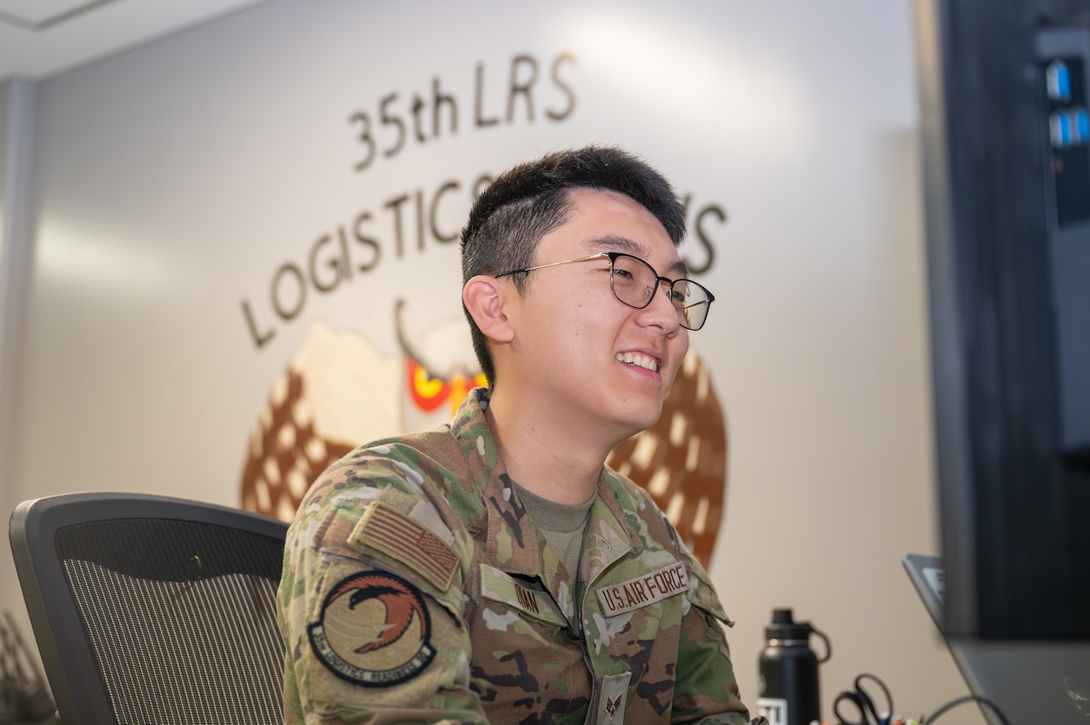 Wild Weasel of the Week (WWoW), U.S. Air Force Senior Airman Davis Qian, 35th Logistics Readiness Squadron base support agreement manager, sits at his workstation at Misawa Air Base, Japan, June 5, 2025.
