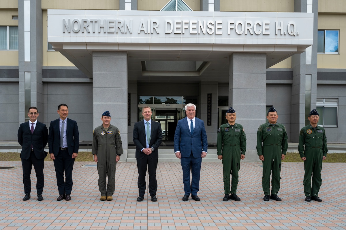 George Glass, U.S. Ambassador to Japan, poses for a group photo with 35th Fighter Wing and Japan Air Self-Defense Force Northern Air Defense Force leadership at Misawa Air Base, Japan, June 5, 2025.