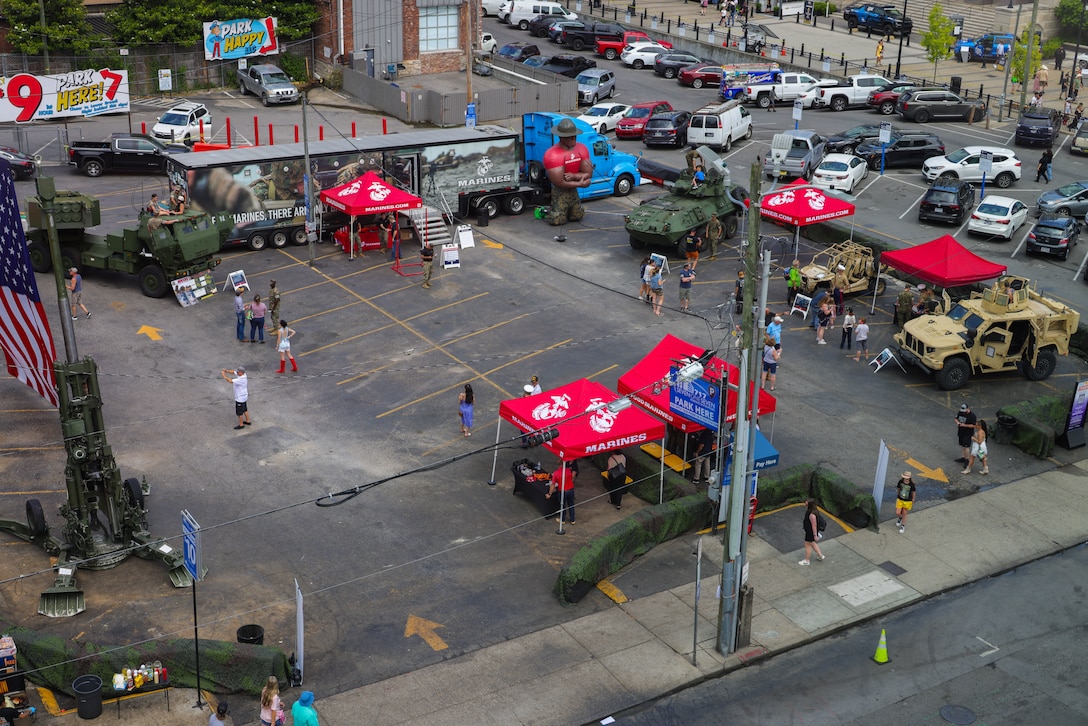 U.S. Marines set up static displays for Marine Week Nashville during the Country Music Awards Festival in Nashville, Tennessee June 5, 2025. During Marine Week Nashville, Marines with Marine Corps Recruiting Command interacted with local high schools and businesses and supported sporting events, ceremonies and performances from the Silent Drill Platoon and the 2nd Marine Aircraft Wing Band. The Marine Corps is celebrating its 250th birthday with six multi-day Marine Corps community events, called Marine Weeks, in six major cities across the country. Marine Weeks will include activations across each host city featuring aircraft, equipment, recruiting opportunities, and public engagements. (U.S. Marine Corps photo by Lance Cpl. Brenna Ritchie)