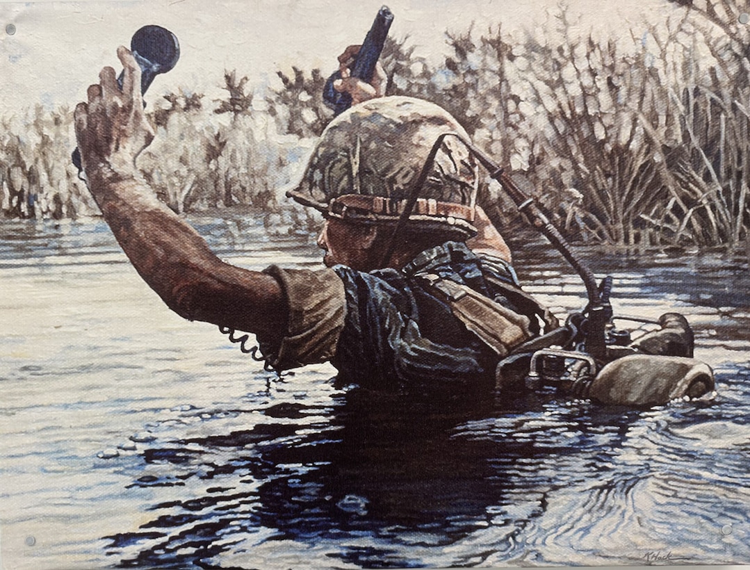 A painting depicting a man wearing a uniform and carrying radio equipment in a river where the water is up to his chest.