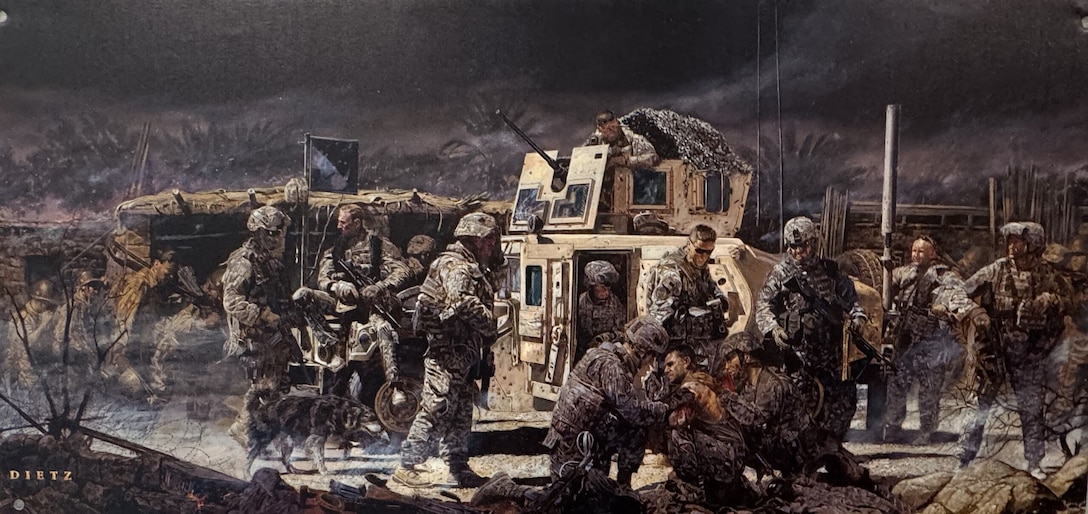 A battle painting shows men in uniforms sitting on and standing in front of a military vehicle with smoke all around.