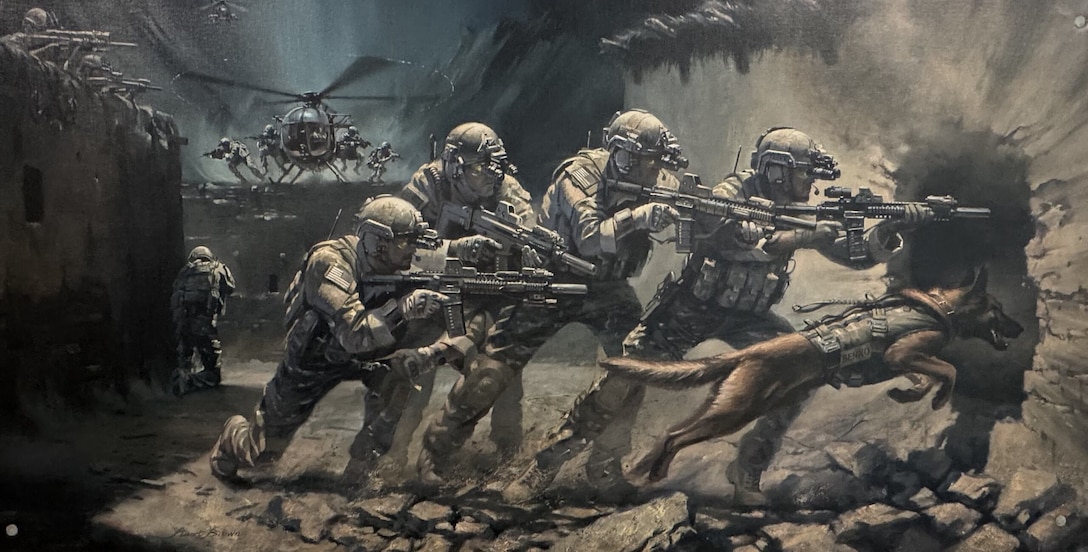 A battle painting depicts a night raid by soldiers fully equipped with weapons and night vision goggles rushing through a hole in a building with a dog.