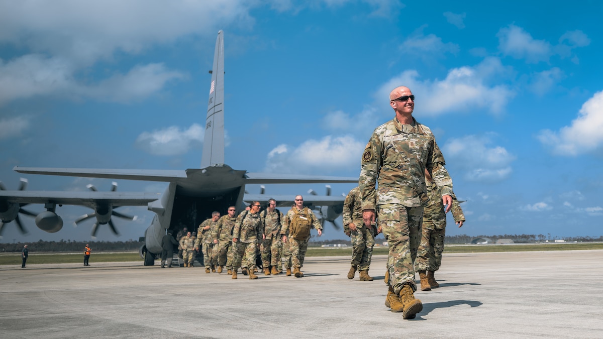 Chief Master Sgt. of the Air Force David Flosi exits a C-130J Super Hercules alongside Chief Initial Mission Command Training participants at Tyndall Air Force Base, Fla., May 20, 2025. Flosi oversaw the CIMCT course and ensured newly selected senior enlisted leaders demonstrated ability to translate commanders’ intent into action. (U.S. Air Force photo by Airman 1st Class Zeeshan Naeem)