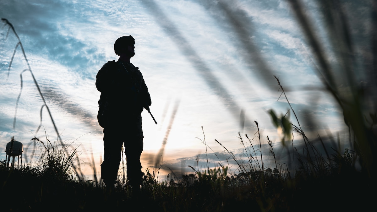 Chief Master Sgt. Brian Haney, 732nd Air Mobility Squadron aerial port superintendent, stands watch during Chief Initial Mission Command Training at Tyndall Air Force Base, Fla., May 22, 2025. Chief Initial Mission Command Training reimagines the chief master sergeant induction process, focusing on the application of mission command at a strategic level, developing senior leaders as primary advisors capable of translating commanders’ intent into action. (U.S. Air Force photo by Airman 1st Class Zeeshan Naeem)