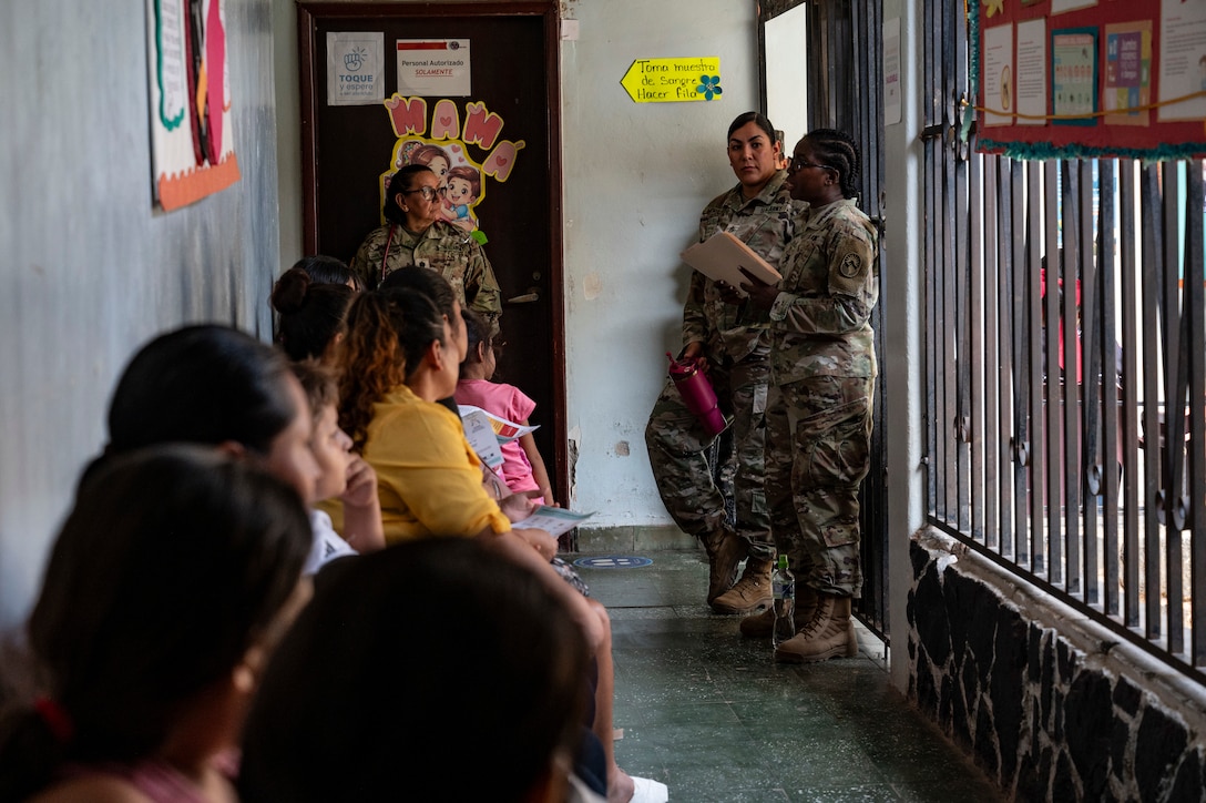 U.S. Army Capt. Evelyn Mose, right, Joint Task Force-Bravo public health nurse, gives a women’s health class during a medical mission in Comayagua, Honduras, May 29, 2025. By partnering with local governments and organizations, JTF-Bravo ensures vulnerable communities receive the medical attention they might otherwise lack due to limited healthcare infrastructure. (U.S. Air Force photo by Staff Sgt. Sadie Colbert)