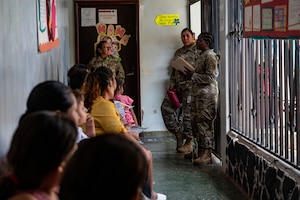 U.S. Army Capt. Evelyn Mose, right, Joint Task Force-Bravo public health nurse, gives a women’s health class during a medical mission in Comayagua, Honduras, May 29, 2025. By partnering with local governments and organizations, JTF-Bravo ensures vulnerable communities receive the medical attention they might otherwise lack due to limited healthcare infrastructure. (U.S. Air Force photo by Staff Sgt. Sadie Colbert)