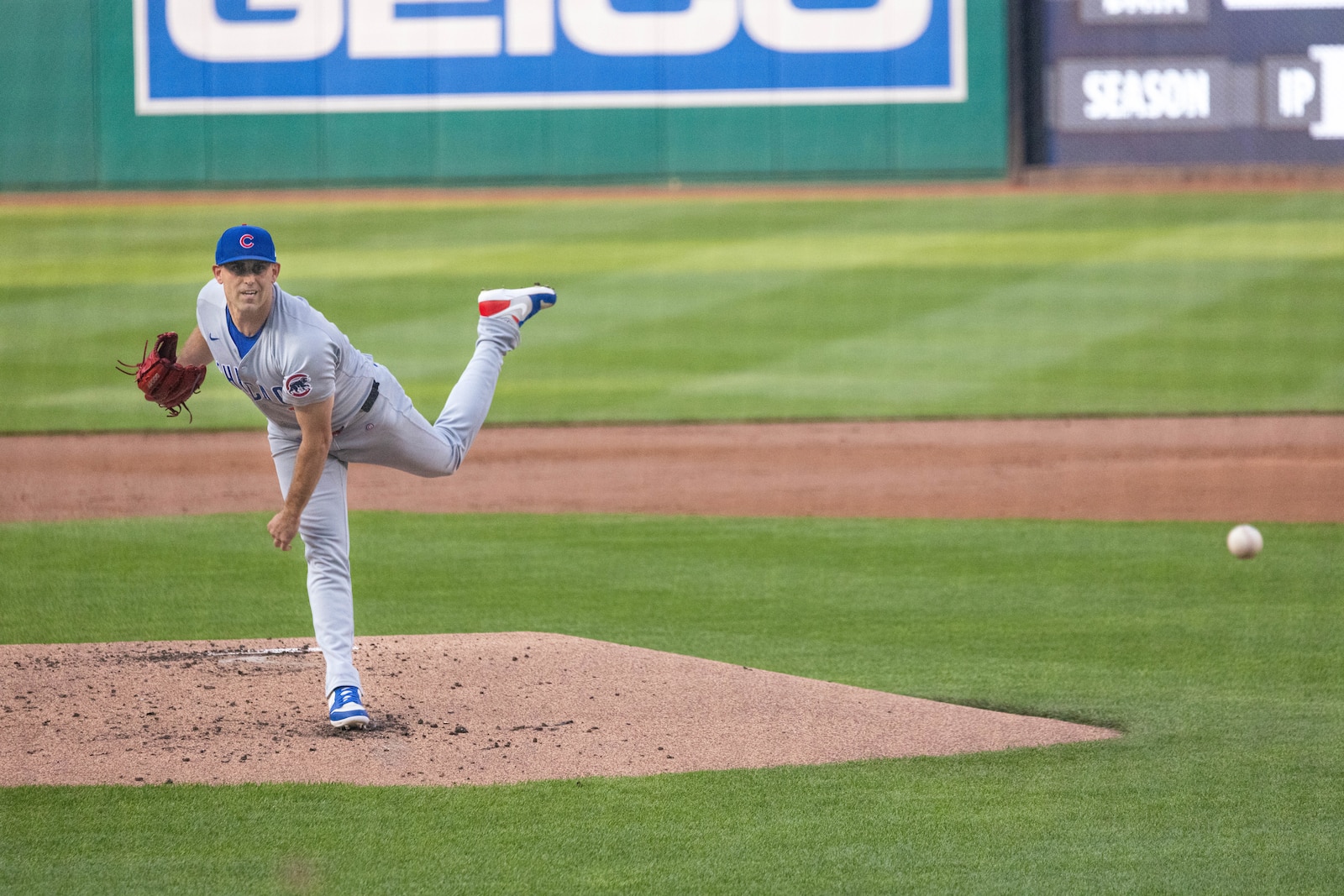 Matthew Boyd, a player for the Chicago Cubs, throws a pitch during the baseball game for Marine Day at the Nationals Park, Washington D.C., June 4, 2025. Marine Day is held to demonstrate unique Marine Corps capabilities, develop enduring relationships with our community, and showcase Esprit De Corps. (U.S. Marine Corps photo by Lance Cpl. Harleigh Faulk)