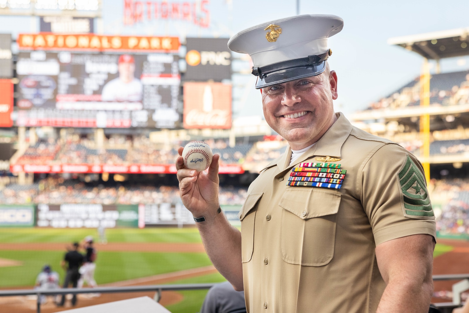 U.S. Marine Corps Sgt. Maj. Michael Brown, sergeant major of Marine Corps Base Quantico, poses for a photo during the baseball game for Marine Day at the Nationals Park, Washington D.C., June 4, 2025. Marine Day is held to demonstrate unique Marine Corps capabilities, develop enduring relationships with our community, and showcase Esprit De Corps. (U.S. Marine Corps photo by Lance Cpl. Harleigh Faulk)