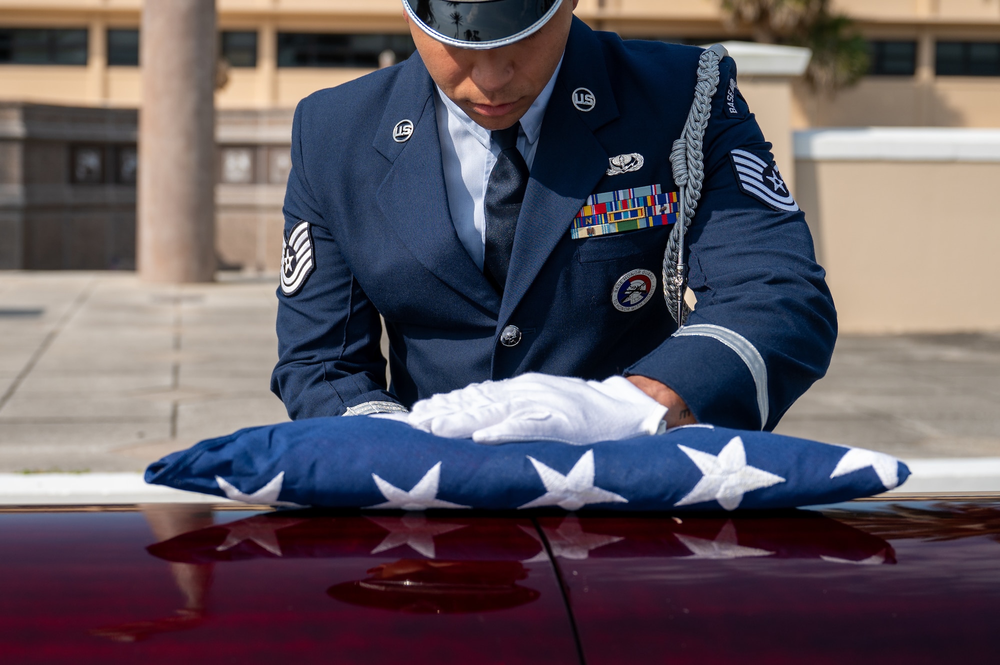 The Patrick Space Force Base SLD 45 Base Honor Guard perform a demonstration of Military Funeral Honors Ceremony on May 29, 2025.