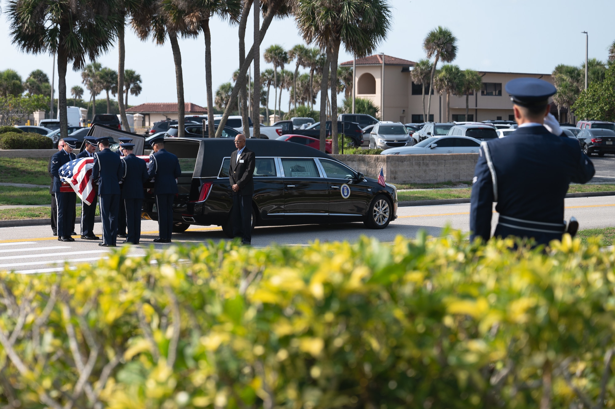 The Patrick Space Force Base SLD 45 Base Honor Guard perform a demonstration of Military Funeral Honors Ceremony on May 29, 2025.
