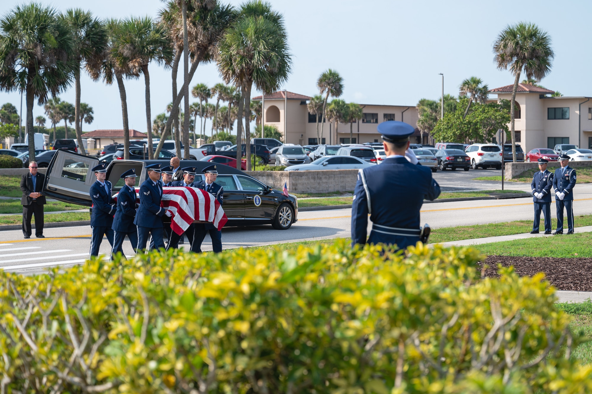 The Patrick Space Force Base SLD 45 Base Honor Guard perform a demonstration of Military Funeral Honors Ceremony on May 29, 2025.
