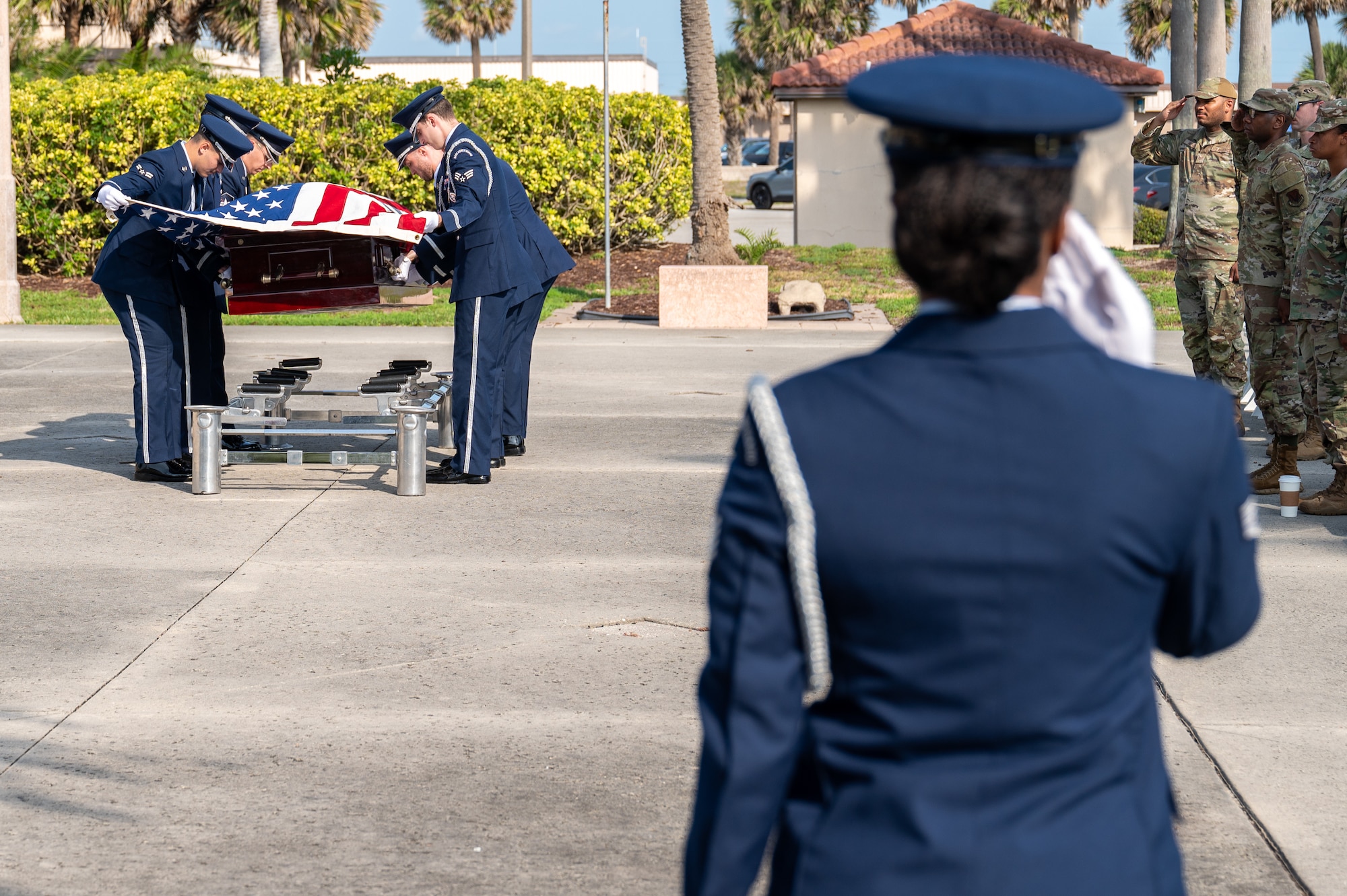 The Patrick Space Force Base SLD 45 Base Honor Guard perform a demonstration of Military Funeral Honors Ceremony on May 29, 2025.