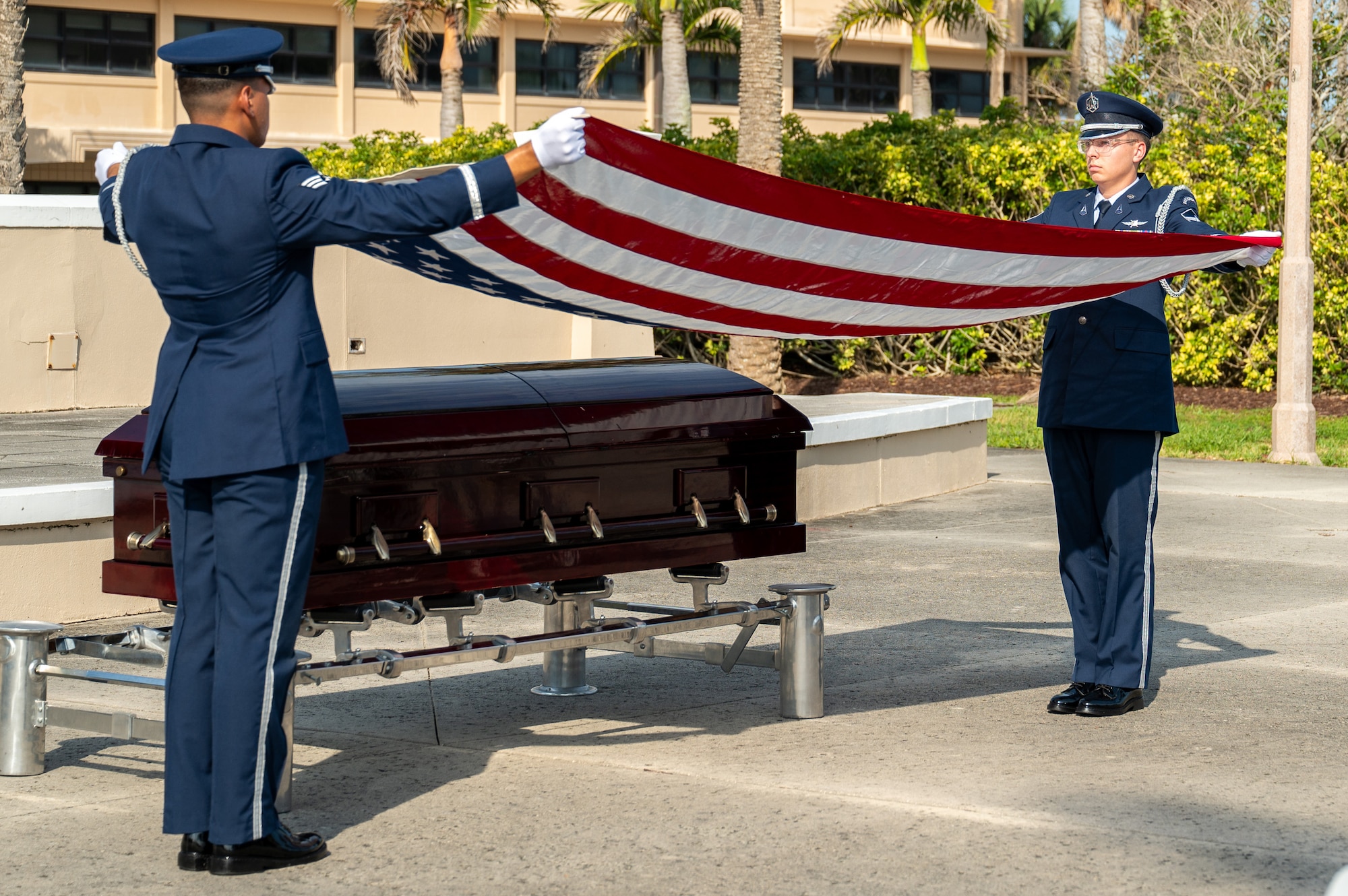 The Patrick Space Force Base SLD 45 Base Honor Guard perform a demonstration of Military Funeral Honors Ceremony on May 29, 2025.