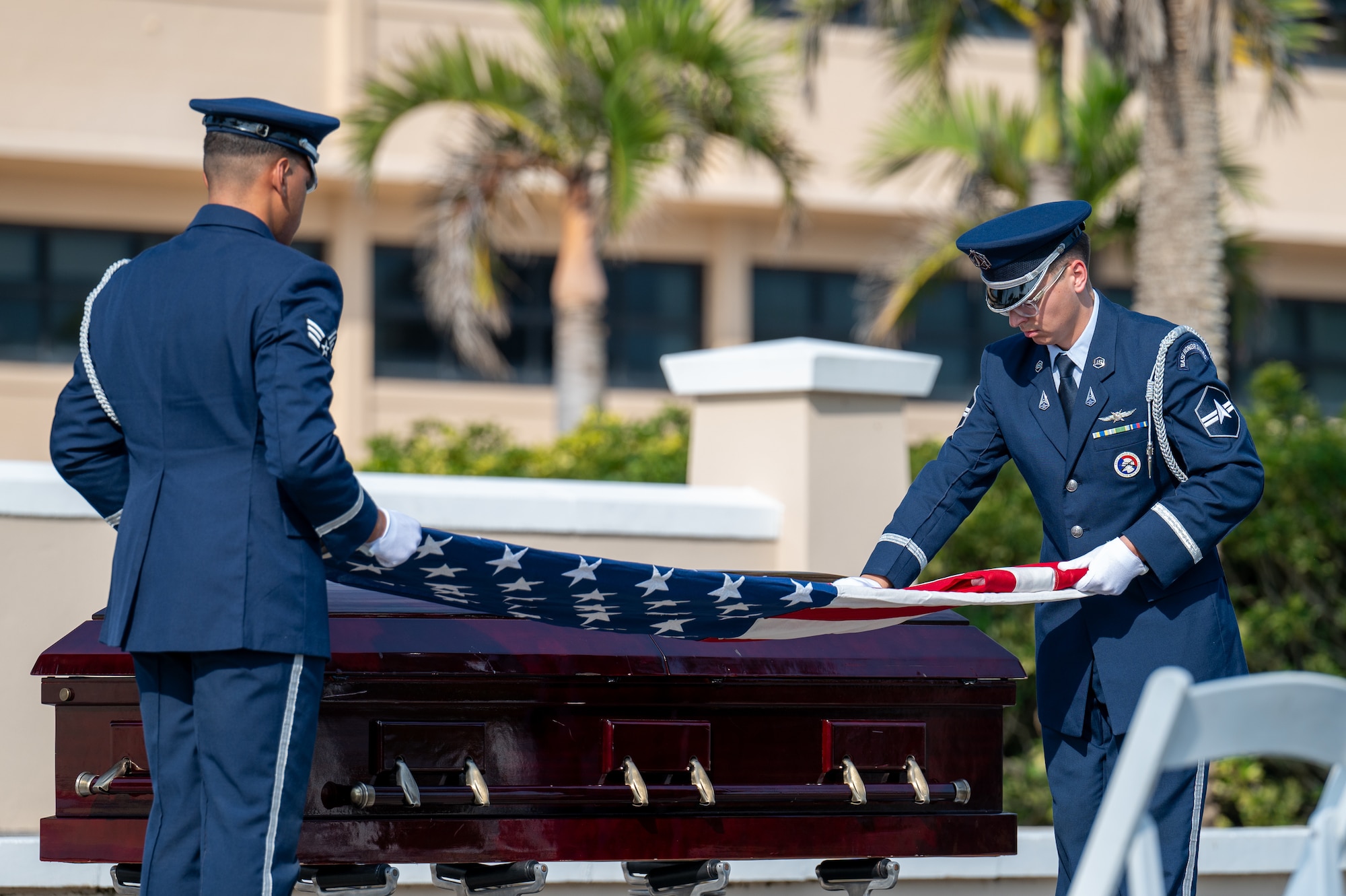 The Patrick Space Force Base SLD 45 Base Honor Guard perform a demonstration of Military Funeral Honors Ceremony on May 29, 2025.