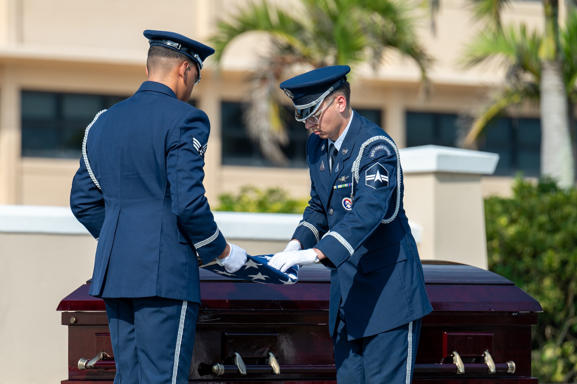 The Patrick Space Force Base SLD 45 Base Honor Guard perform a demonstration of Military Funeral Honors Ceremony on May 29, 2025.