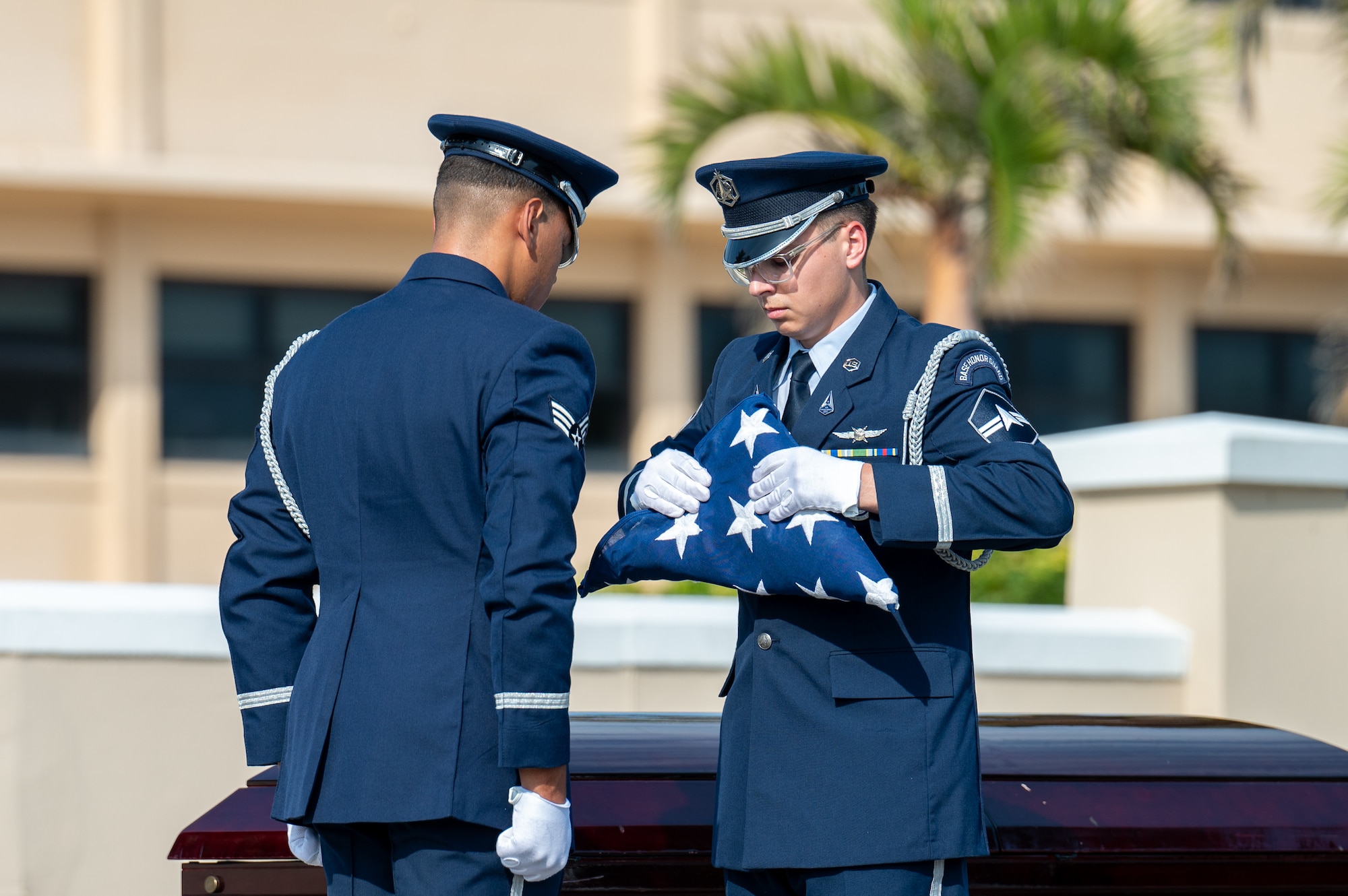 The Patrick Space Force Base SLD 45 Base Honor Guard perform a demonstration of Military Funeral Honors Ceremony on May 29, 2025.