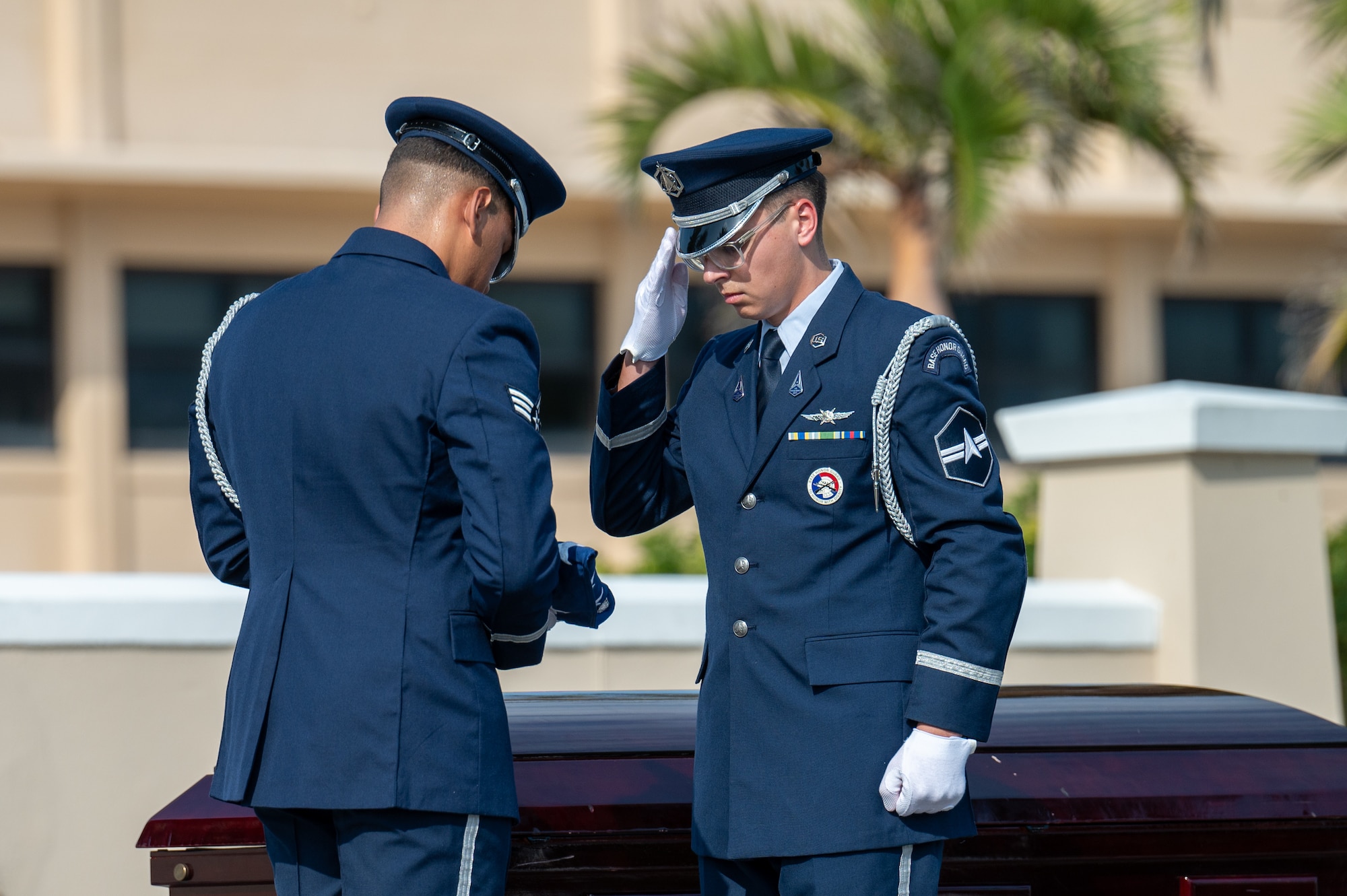 The Patrick Space Force Base SLD 45 Base Honor Guard perform a demonstration of Military Funeral Honors Ceremony on May 29, 2025.