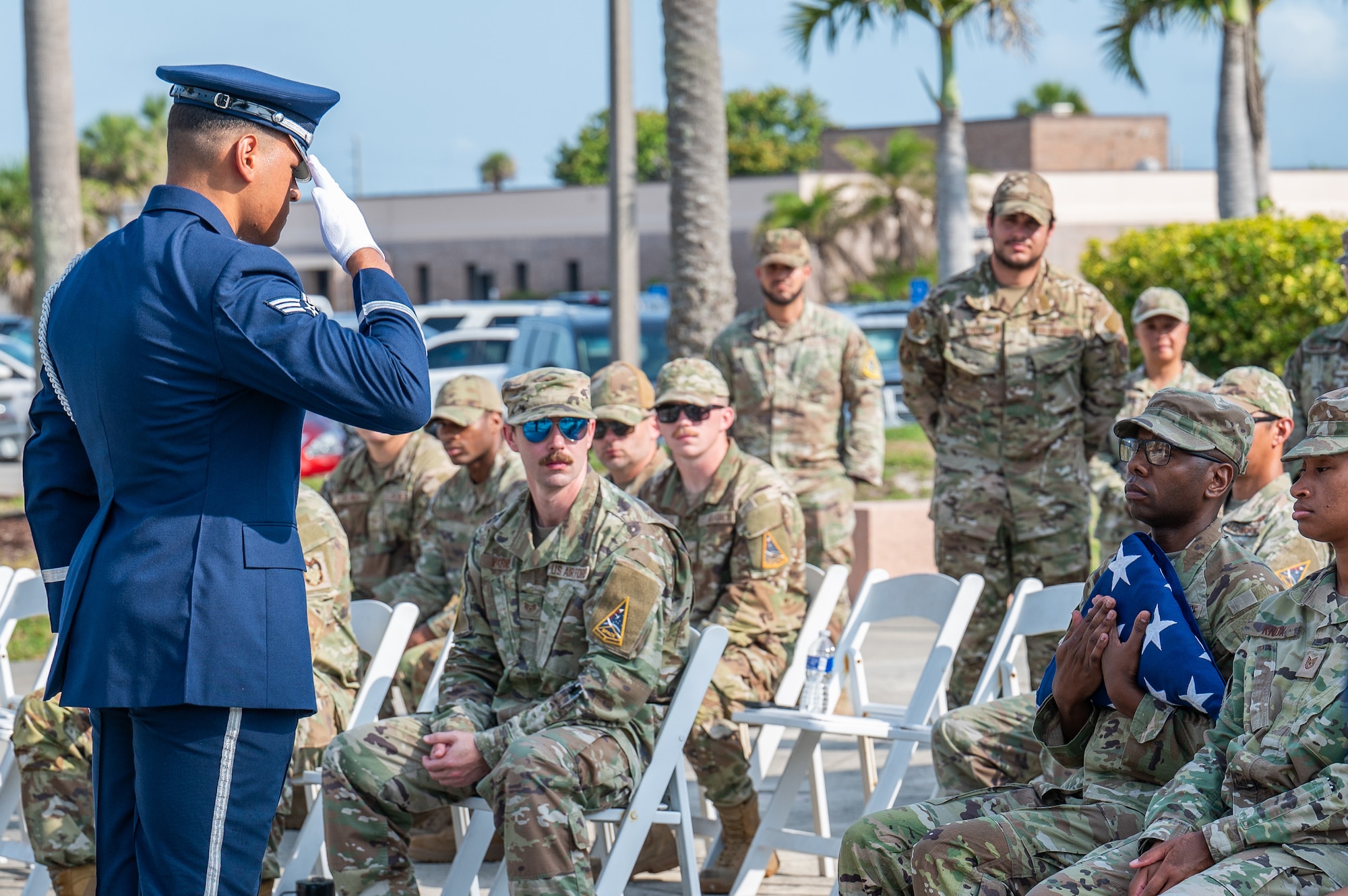 The Patrick Space Force Base SLD 45 Base Honor Guard perform a demonstration of Military Funeral Honors Ceremony on May 29, 2025.