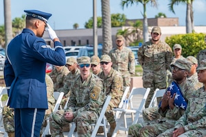 The Patrick Space Force Base SLD 45 Base Honor Guard perform a demonstration of Military Funeral Honors Ceremony on May 29, 2025.
