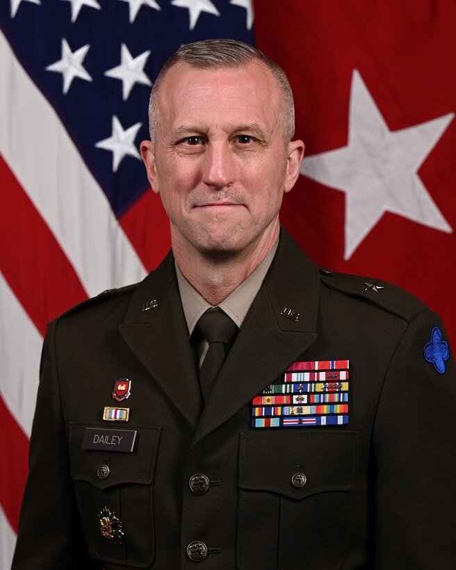 U.S. Army Brig. Gen. Kirk Dailey poses for a portrait in the Army Photo Studio at the Pentagon in Arlington, Va., April 1, 2025.  (U.S. Army photo by Bernardo Fuller)