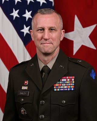 U.S. Army Brig. Gen. Kirk Dailey poses for a portrait in the Army Photo Studio at the Pentagon in Arlington, Va., April 1, 2025.  (U.S. Army photo by Bernardo Fuller)