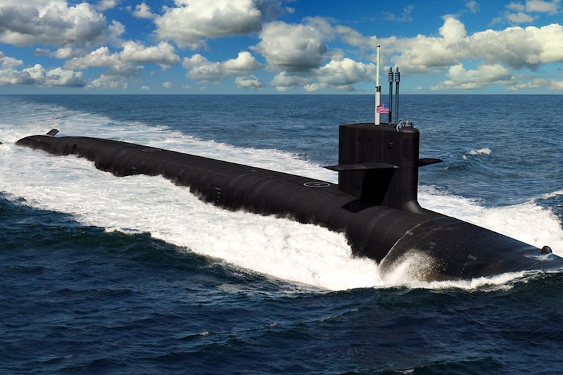 A rendering of a submarine at sea halfway above water.