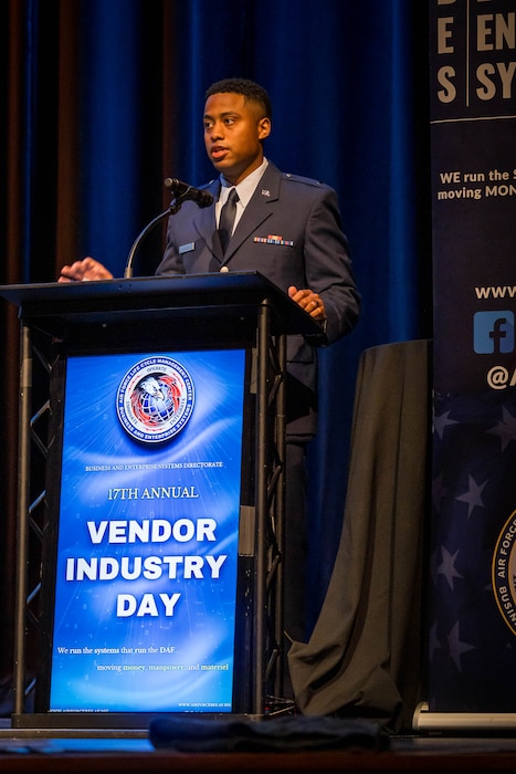 1Lt Caleb Jackson, Business and Enterprise Systems VID 2025 Action Officer, speaks at VID 2025.