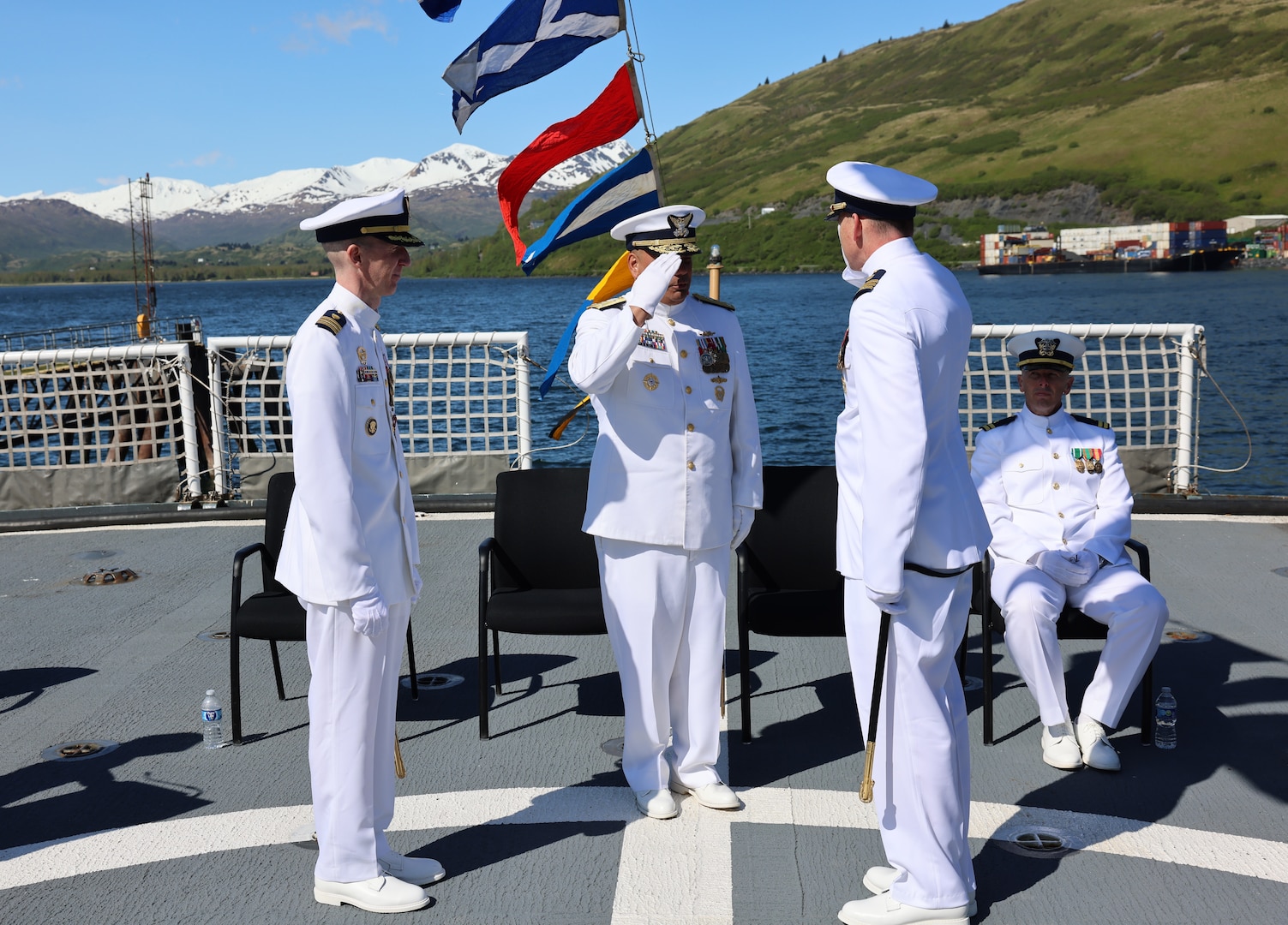 Cmdr. Stephen Brickey saluted Vice Adm. Andrew Tiongson, commander, Coast Guard Pacific Area, during the change of command ceremony for the U.S. Coast Guard Cutter Alex Haley (WMEC-39) in Kodiak, Alaska, June 5, 2025. Alex Haley is a 282-foot Medium Endurance Cutter that performs search and rescue, fisheries law enforcement, and maritime security. (U.S. Coast Guard photo by Lt. j.g. John Walsh).