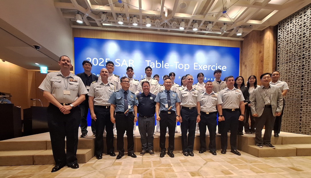 Legend-class U.S. Coast Guard Cutter Stratton (WMSL 752) crew members pose with international coast guard partners at the 2025 search and rescue seminar and  table-top exercise in Busan, Republic of Korea, May 30, 2025. Event attendees from ten different countries gathered to observe U.S. Coast Guard–Republic of Korea Coast Guard–Japan Coast Guard-focused maritime incident response and case study review. Stratton is deployed and assigned to Destroyer Squadron (DESRON) 15, the Navy’s largest DESRON and the U.S. 7th Fleet’s principal surface force. U.S. Coast Guard Cutter Stratton is deployed to the Indo-Pacific to advance relationships with ally and partner nations to build a more secure and prosperous region with unrestricted, lawful access to the maritime commons. (U.S. Coast Guard photo by Ensign Daniel Unangst)