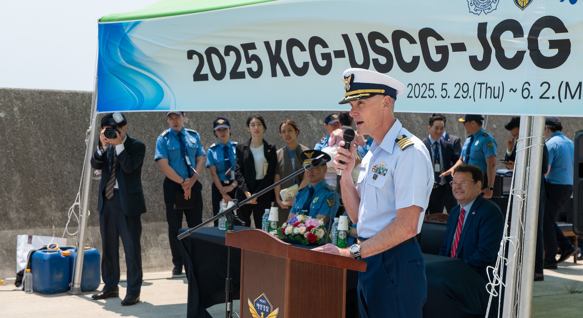 Legend-class U.S. Coast Guard Cutter Stratton (WMSL 752) Commanding Officer Capt. Brian Krautler speaks during a pier-side welcoming ceremony on the Busan Naval Pier in Busan, Republic of Korea, May 29, 2025. Stratton is deployed and assigned to Destroyer Squadron (DESRON) 15, the Navy’s largest DESRON and the U.S. 7th Fleet’s principal surface force. U.S. Coast Guard Cutter Stratton is deployed to the Indo-Pacific to advance relationships with ally and partner nations to build a more secure and prosperous region with unrestricted, lawful access to the maritime commons. (U.S. Coast Guard photo by Petty Officer 3rd Class William Kirk)